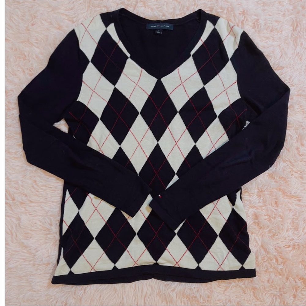 Tommy Hilfiger Black and Cream Argyle V-Neck Sweater